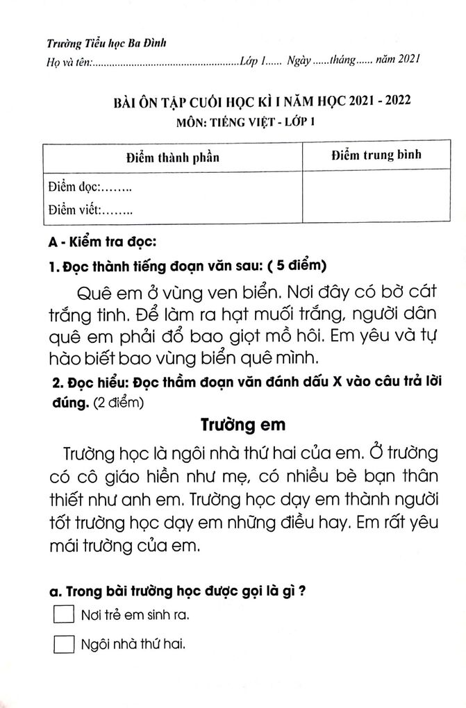 Phiếu ôn tập học kỳ I môn Tiếng Việt lớp 1 - Phiếu số 1