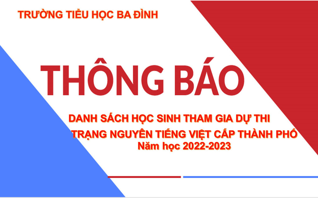 Trường Tiểu học Ba Đình thông báo danh sách học sinh tham gia cuộc thi Trạng nguyên Tiếng Việt cấp Thành phố - năm học 2022 - 2023
